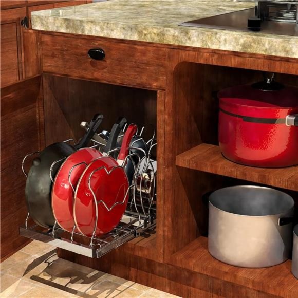 Organizer Pull Out Under Cabinet Sliding Shelf for Pantry Pan & Pot Lid, Silver - Picture 5 of 8
